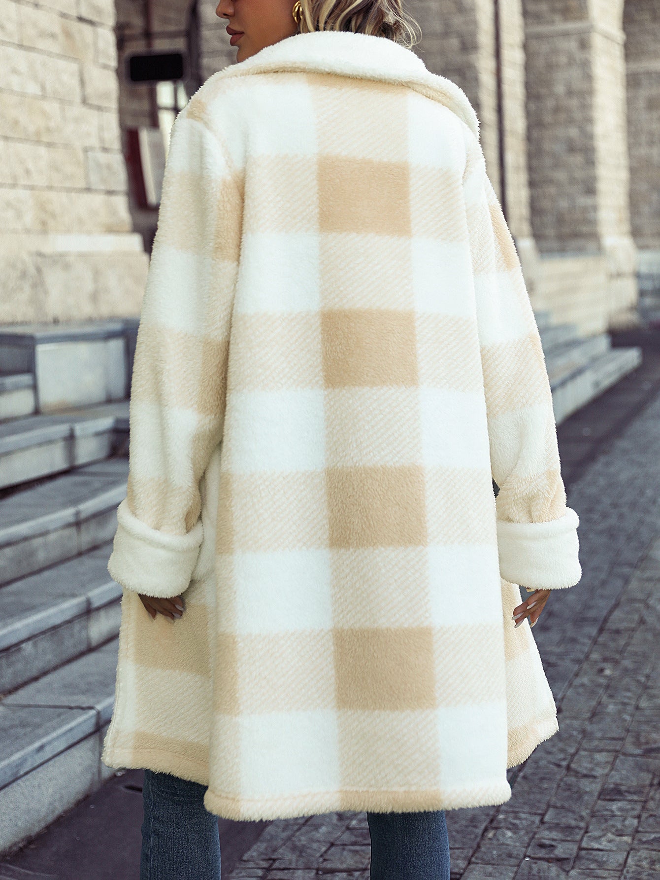 The Iconic Plaid Trench – Slim-Fit Fuzzy Long Coat for Winter