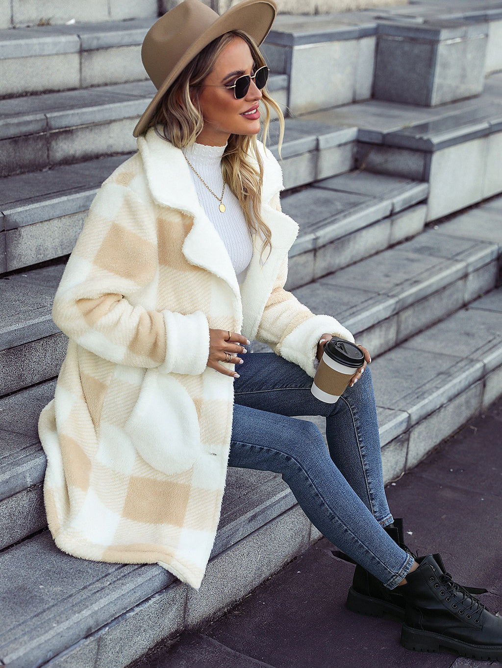The Iconic Plaid Trench – Slim-Fit Fuzzy Long Coat for Winter